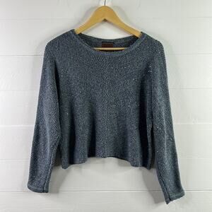 EVEN Dusty‎ Blue Sequin Knitted Crew Neck Cropped Long Sleeve Sweater Size Small